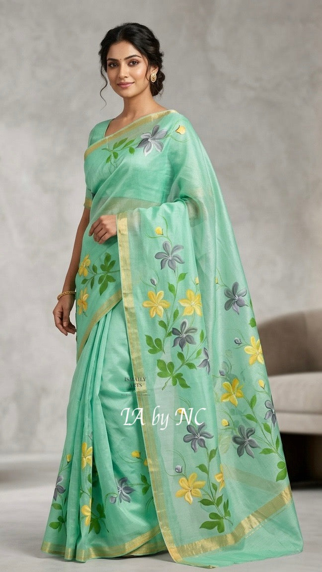 Mint Banarasi Pure Kora Organza Saree