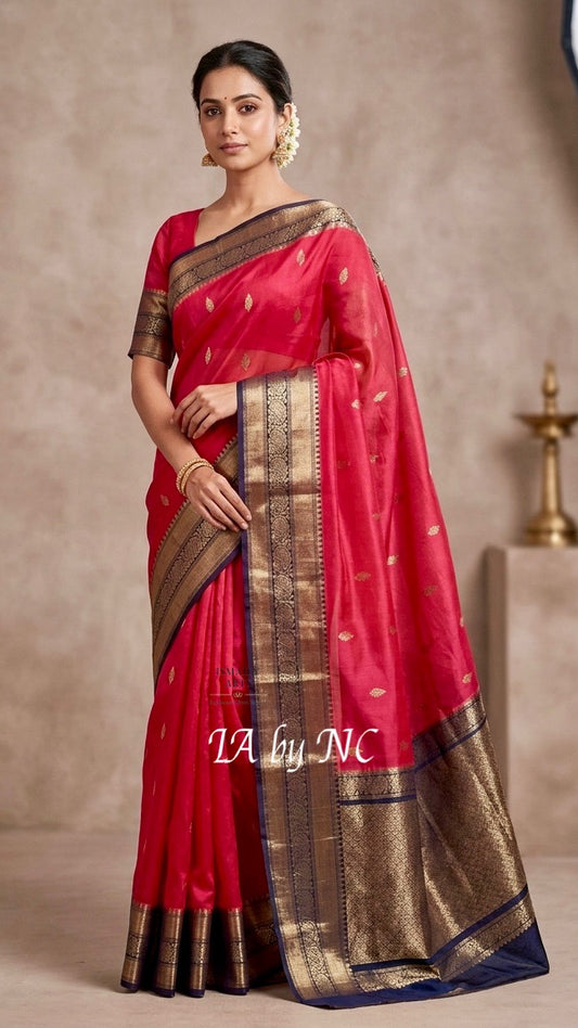 Carmine Banarasi Pure Kora Organza Kadwa Saree