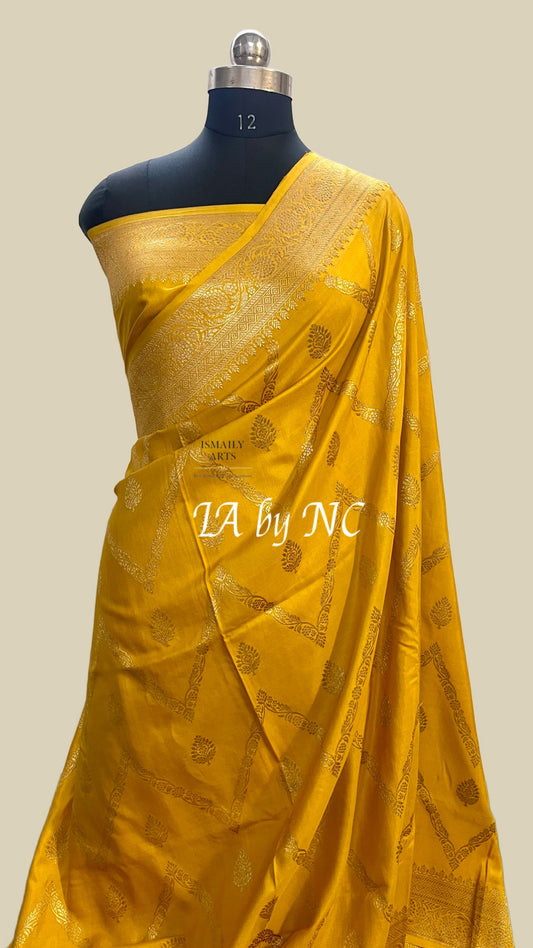 Goldenrod Banarasi Pure Katan Silk Mashru Kadwa Saree