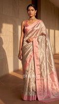 Flamingo Banarasi Pure Tissue Silk Saree - Satin Border