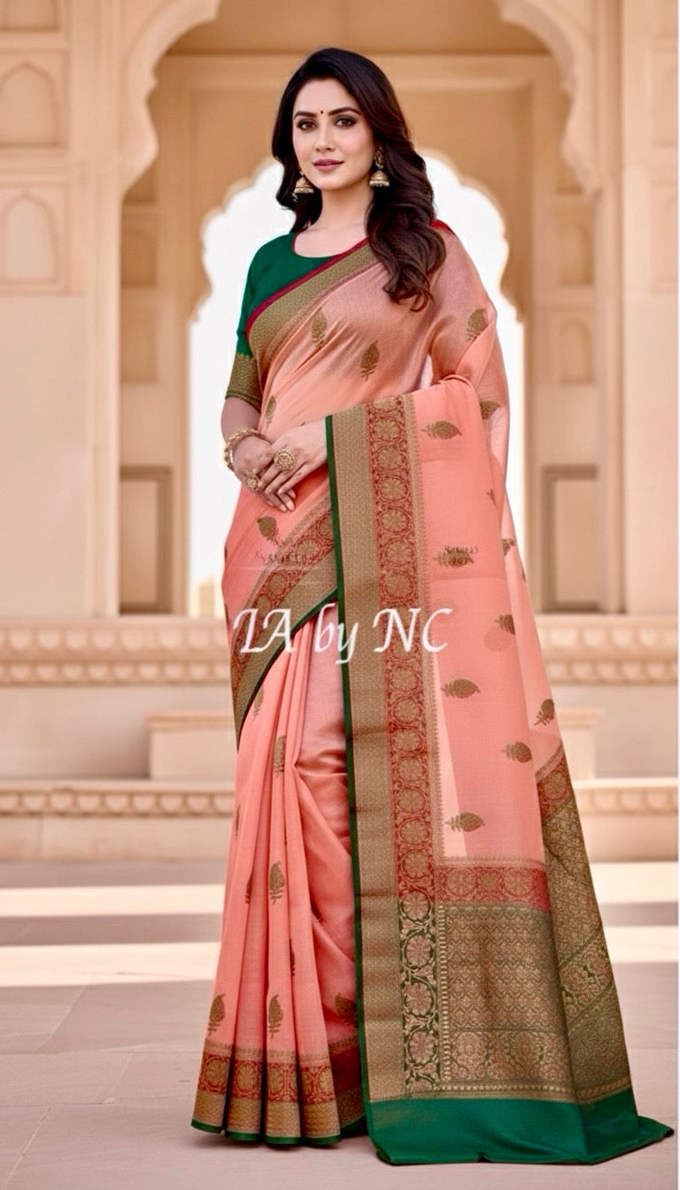 Salmon Banarasi Pure Kora Silk Kadwa Saree