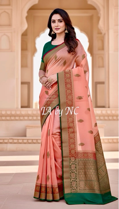 Salmon Banarasi Pure Kora Silk Kadwa Saree