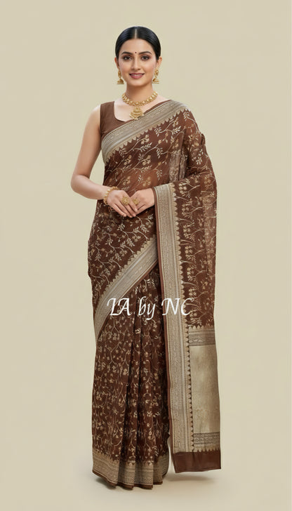 Walnut Banarasi Pure Khaddi Georgette Saree