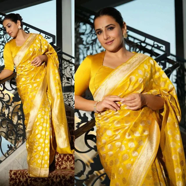 Vidya Balan’s Yellow Banarasi Pure Katan Silk Saree