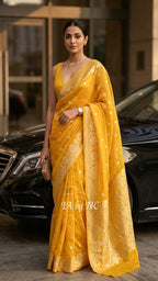 Goldenrod Banarasi Pure Kora Silk Kadwa Saree