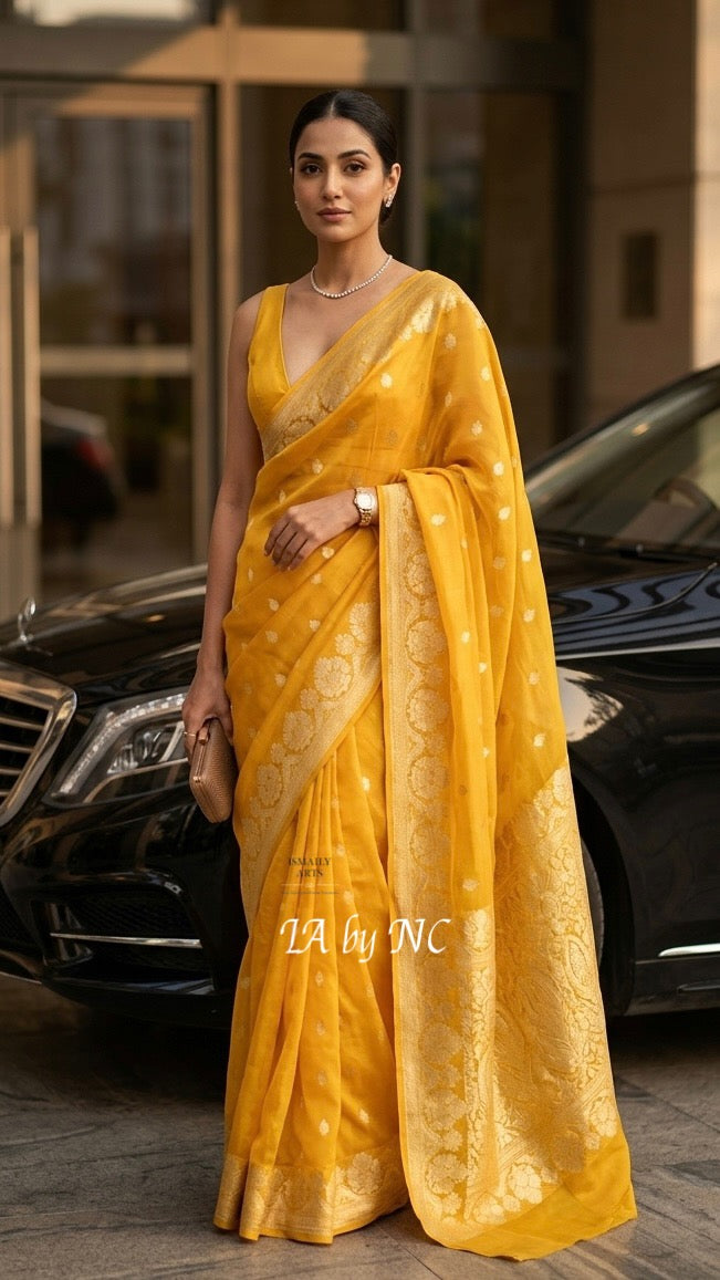 Goldenrod Banarasi Pure Kora Silk Kadwa Saree