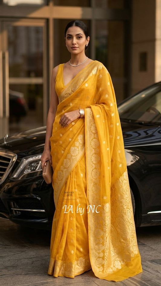 Goldenrod Banarasi Pure Kora Silk Kadwa Saree