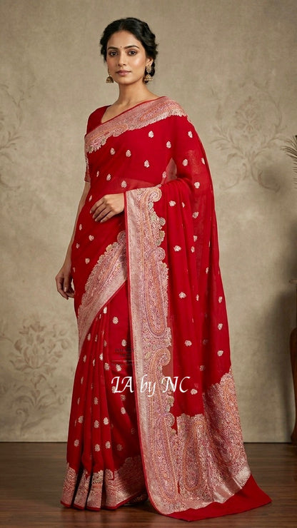 Crimson Banarasi Pure Khaddi Georgette Kadwa Saree