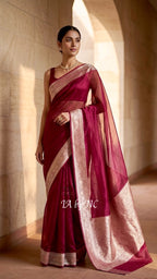 Cerise Banarasi Pure Tissue Silk Saree
