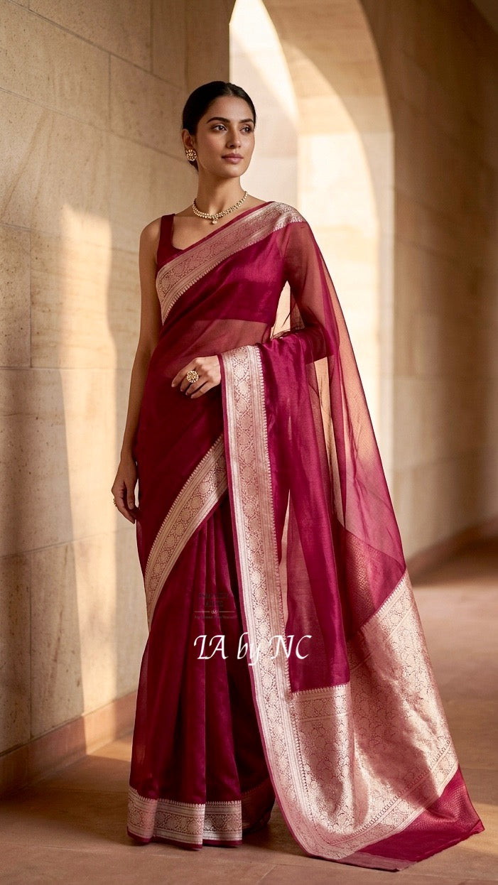 Cerise Banarasi Pure Tissue Silk Saree
