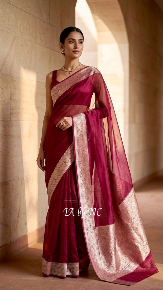 Cerise Banarasi Pure Tissue Silk Saree