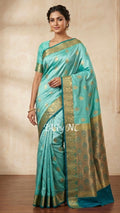 Turquoise Banarasi Pure Katan Silk Raw Mango Saree