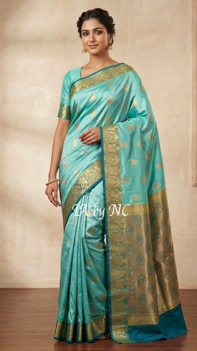 Turquoise Banarasi Pure Katan Silk Raw Mango Saree