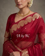 Carmine Banarasi Pure Kora Organza Kadwa Saree