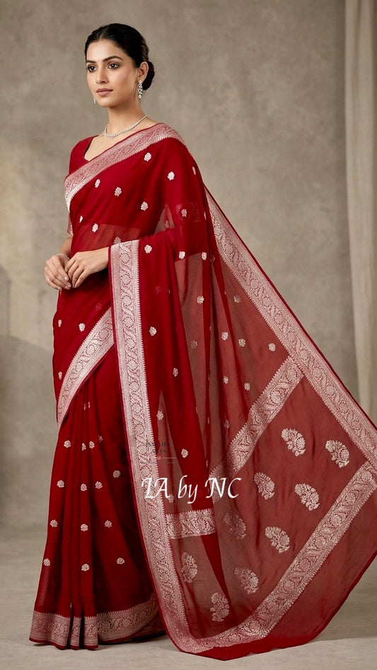 Carmine Banarasi Pure Khaddi Georgette Kadwa Saree