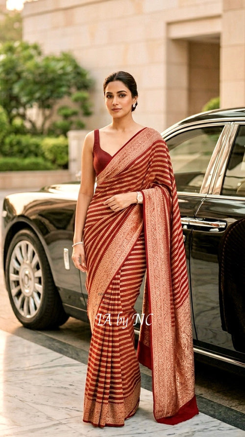 Carmine Banarasi Pure Khaddi Georgette Saree