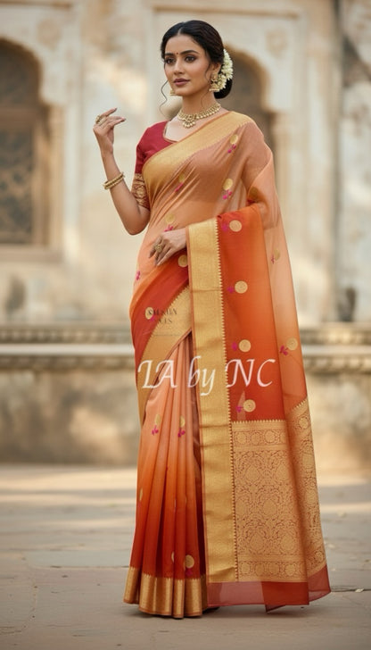 Tangerine Banarasi Pure Kora Organza Kadwa Saree