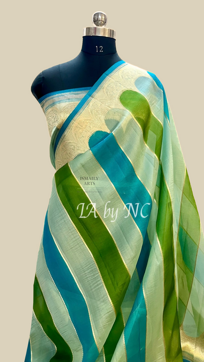 Turquoise Banarasi Pure Kora Organza Kadwa Saree