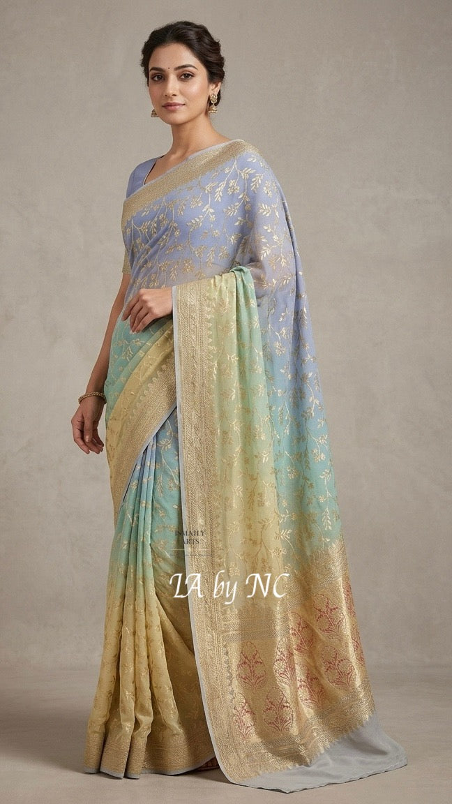 Pigeon Banarasi Pure Khaddi Georgette Saree