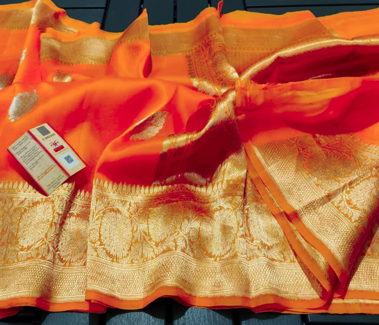 Tangerine Banarasi Pure Kora Organza Kadwa Saree