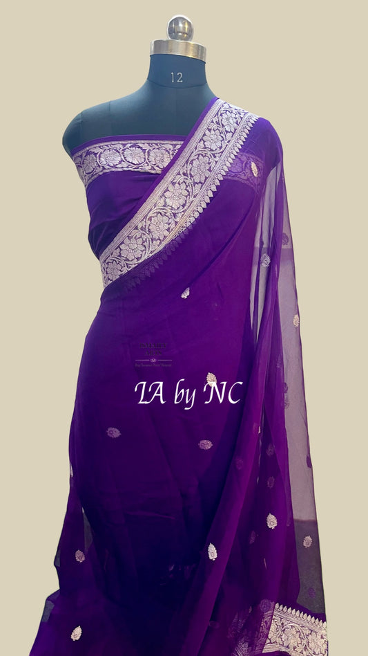 Grape Banarasi Pure Khaddi Georgette Kadwa Saree