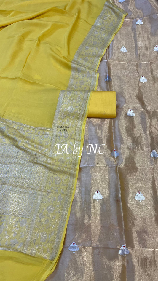 Yellow Banarasi Pure Organza Tissue Kadwa Dress Materials