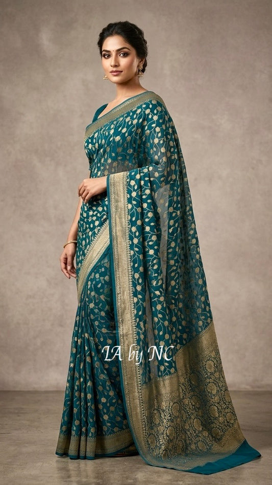 Turquoise Banarasi Pure Khaddi Georgette Saree