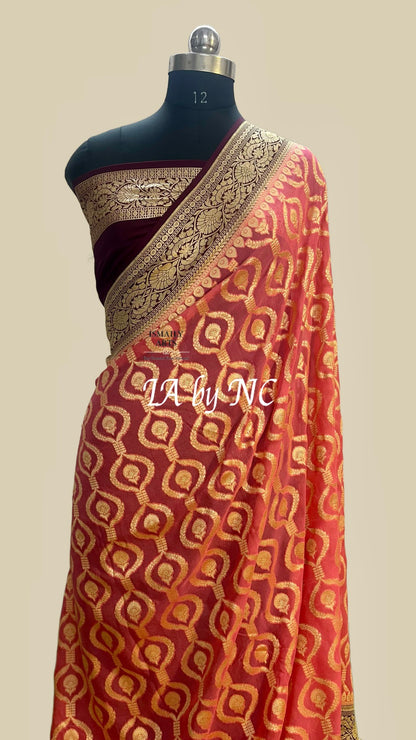 Salmon Banarasi Pure Khaddi Georgette Saree