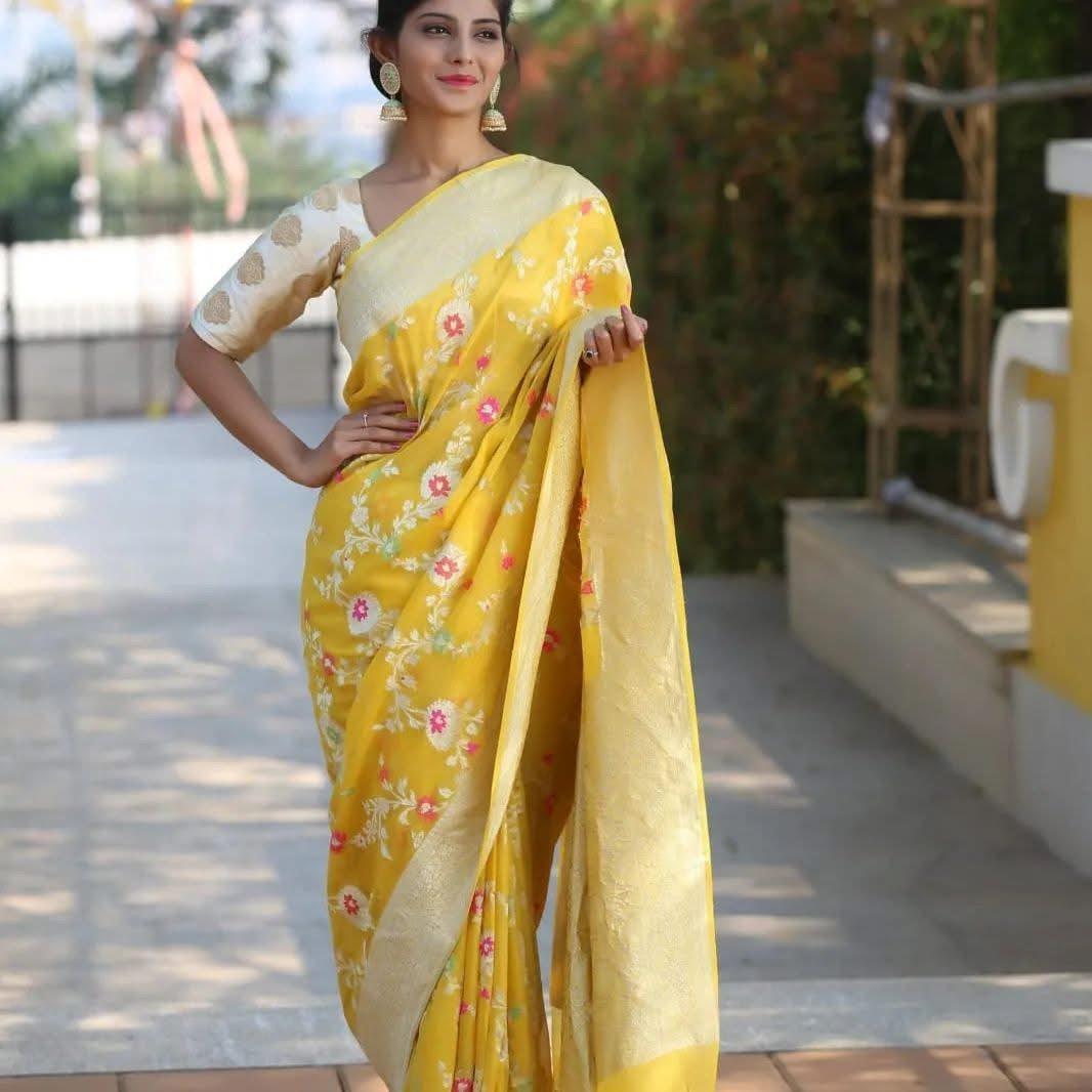 Bumblebee Banarasi Pure Khaddi Georgette Meenakari Saree