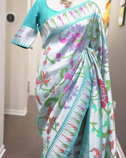 Turquoise Banarasi Pure Khaddi Tussar Georgette Brocade Saree