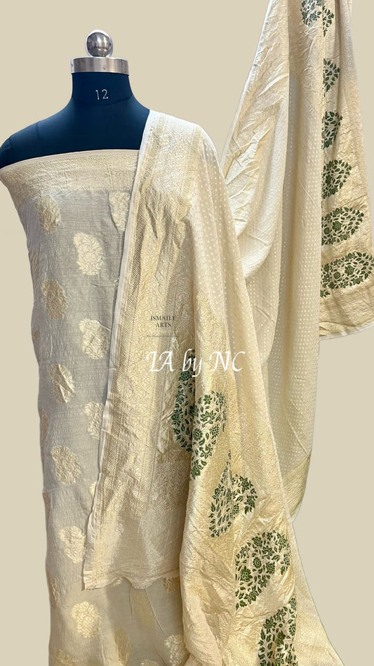 Beige Banarasi Pure Munga Silk Dress Material
