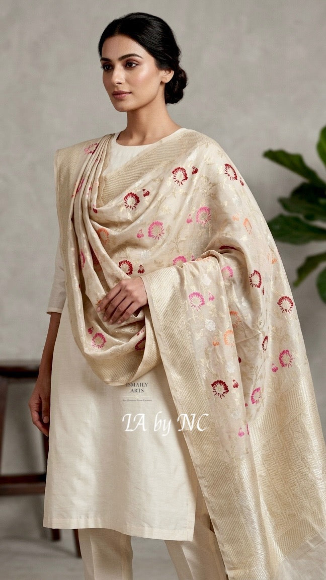 Beige Banarasi Pure Munga Silk Dupatta