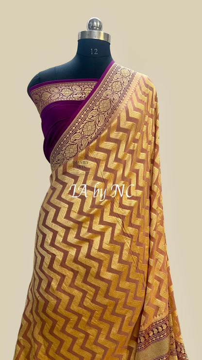 Ochre Banarasi Pure Khaddi Georgette Saree