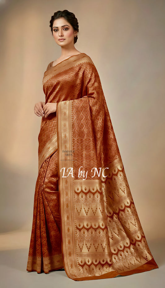 Ochre Banarasi Mashru Katan Silk Saree