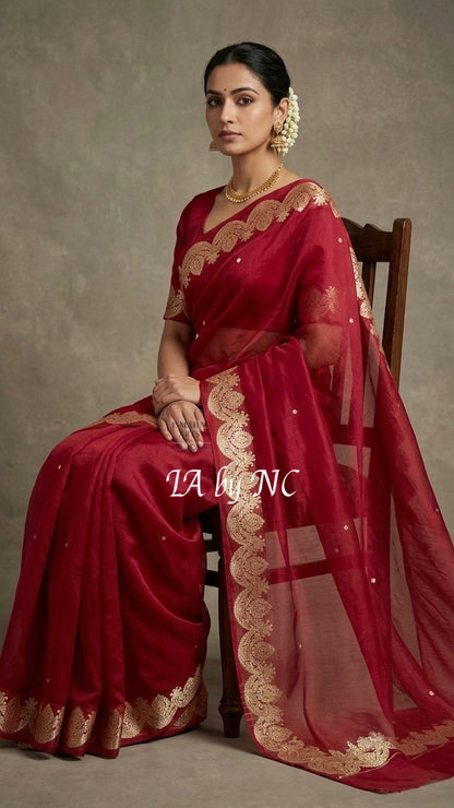 Carmine Banarasi Pure Kora Organza Kadwa Saree