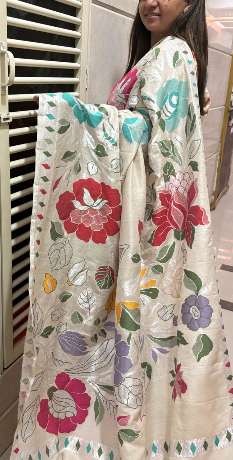 Beige Banarasi Pure Khaddi  Tussar Georgette Paithani Saree