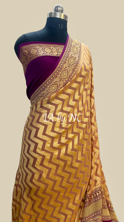 Ochre Banarasi Pure Khaddi Georgette Saree