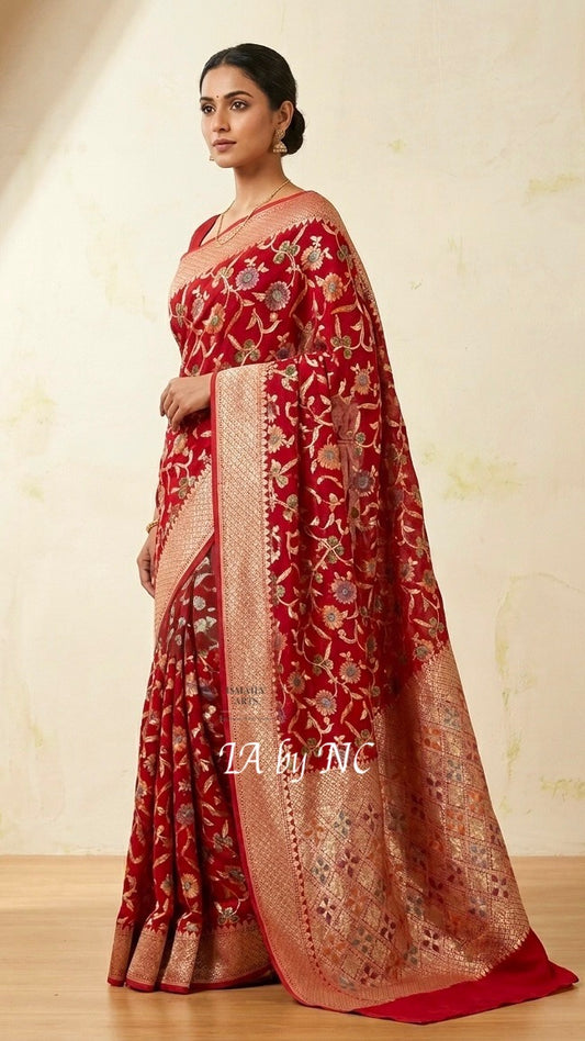Scarlet Banarasi Pure Khaddi Georgette Saree