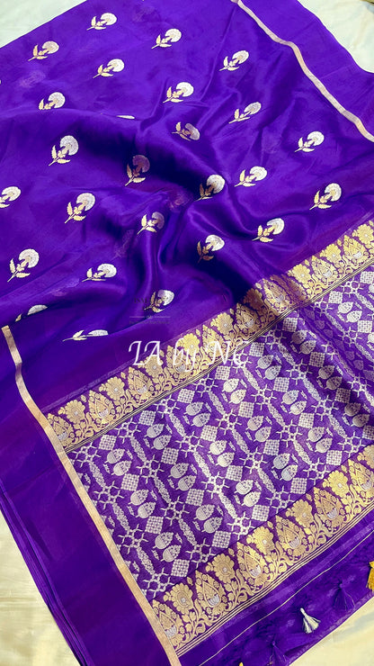 Grape Banarasi Pure Kora Silk Saree