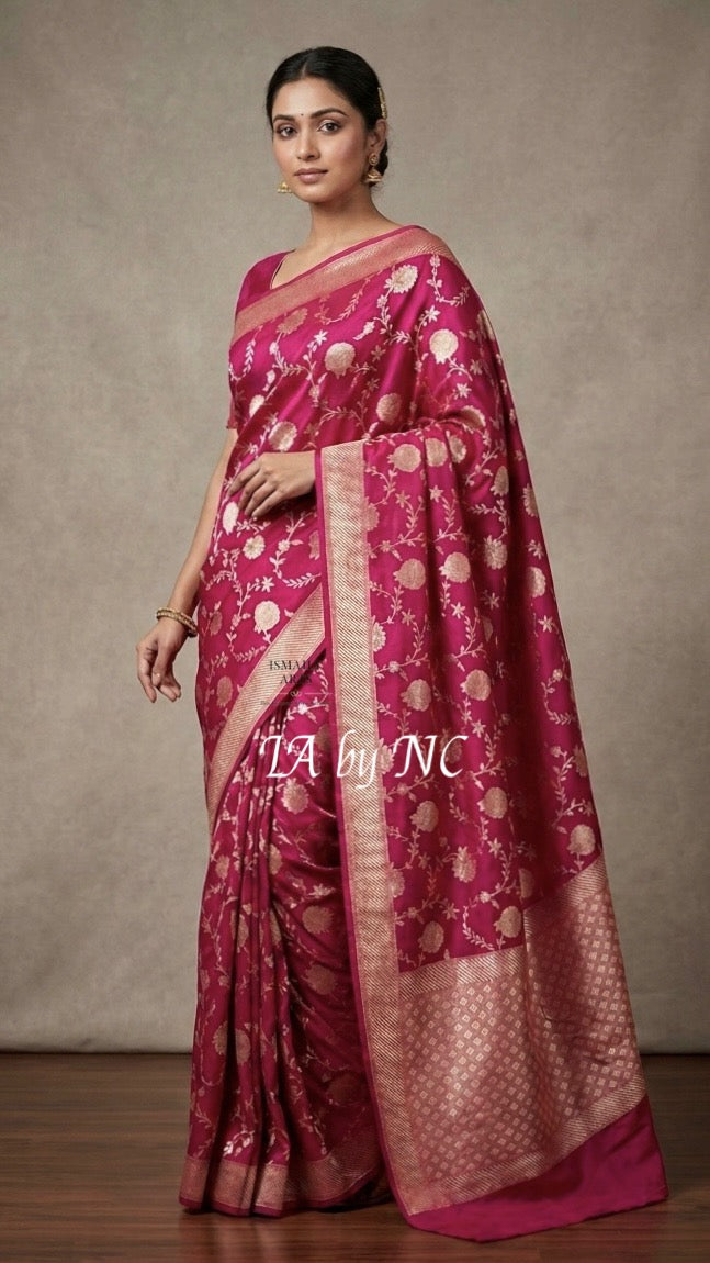 Cerise Banarasi Pure Munga Silk Saree