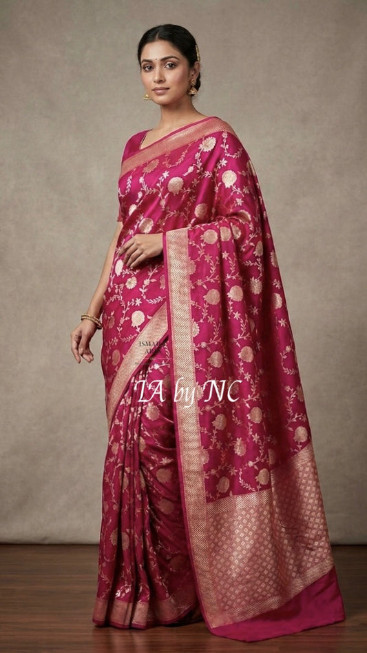 Cerise Banarasi Pure Munga Silk Saree