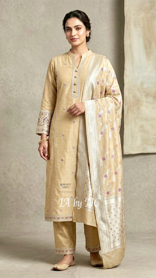 Beige Banarasi Pure Munga Silk Dress Material