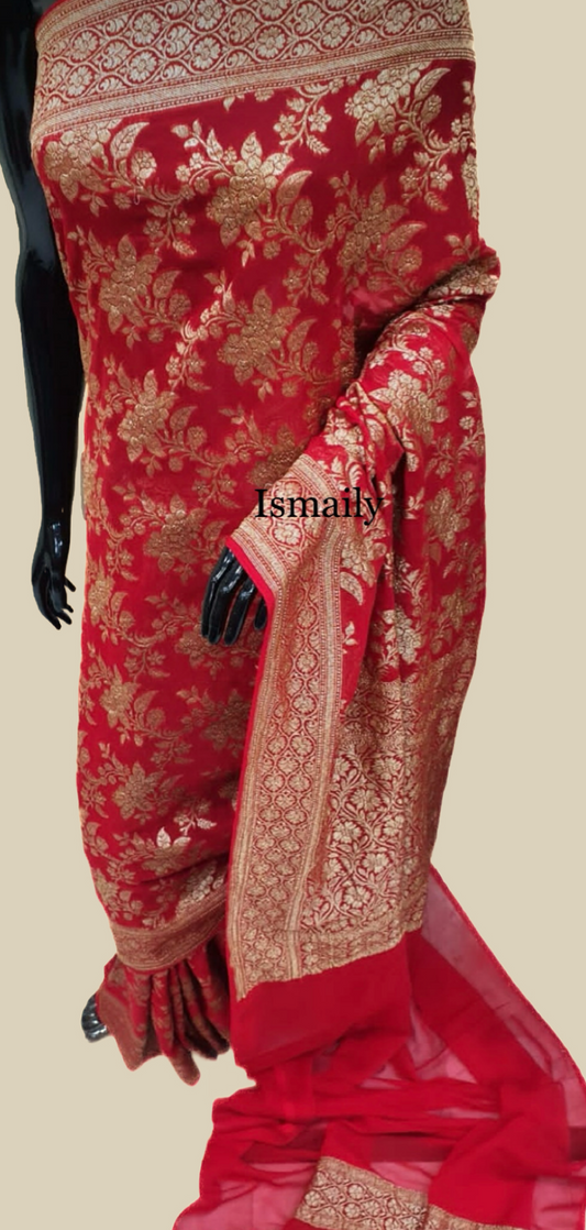 Crimson Banarasi Pure Khaddi Georgette Saree