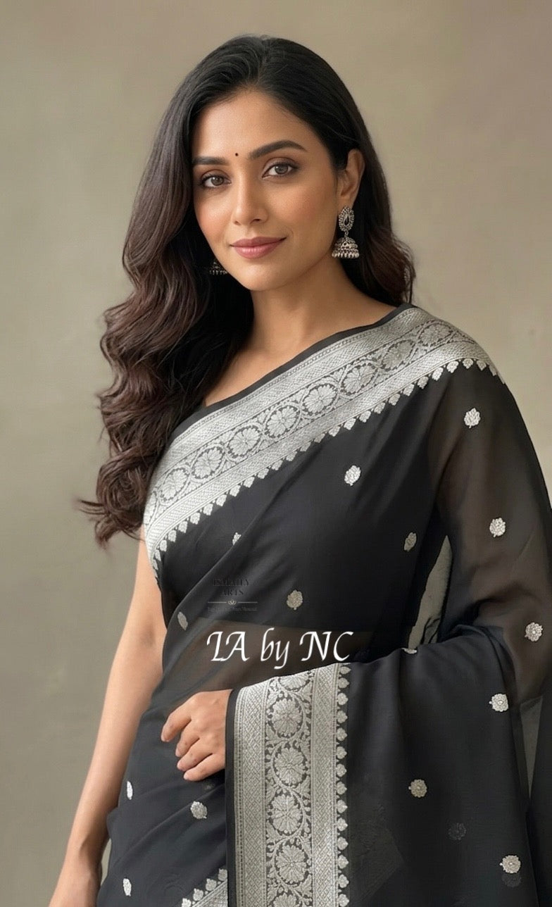 Black Banarasi Pure Khaddi Georgette Kadwa Saree