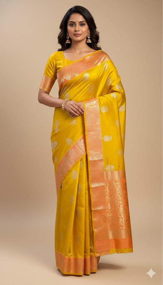 Tuscany Banarasi Pure Katan Silk Raw Mango Saree