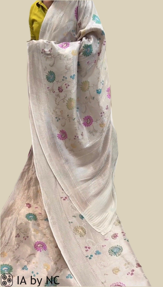 White Banarasi Pure Khaddi Georgette Tissue Silk Saree