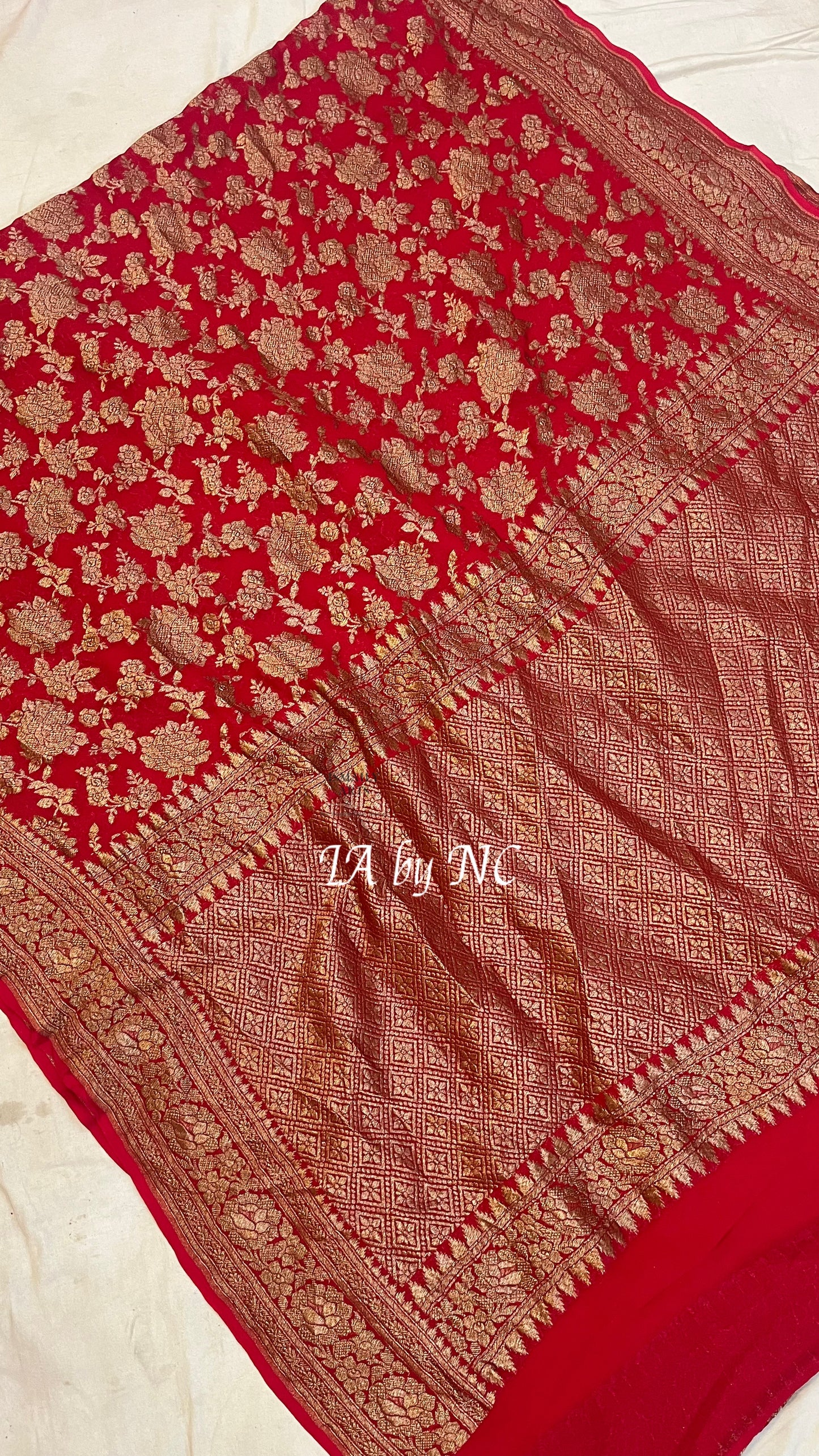 Carmine Banarasi Pure Khaddi Georgette Saree