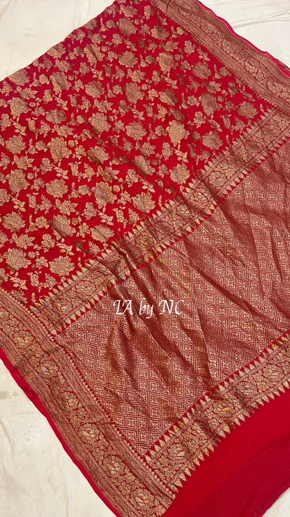 Carmine Banarasi Pure Khaddi Georgette Saree