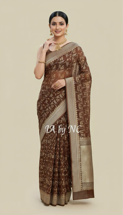 Walnut Banarasi Pure Khaddi Georgette Saree