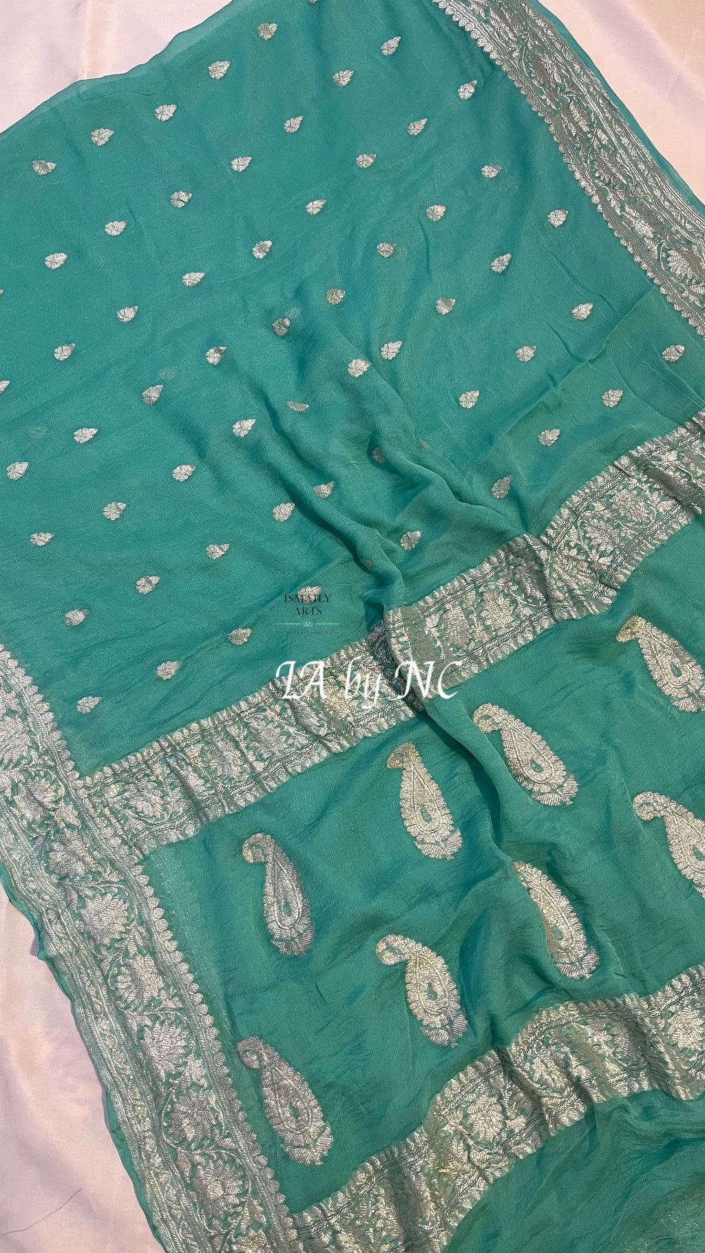 Turquoise Banarasi Pure Khaddi Georgette Kadwa Saree
